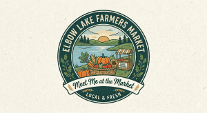 Logo for Elbow Lake Farmers Market featuring a serene lake, vibrant sunrise, and a basket brimming with fresh produce. A stand labeled "Local Produce" sits beside the basket, capturing the spirit of a true farmers market. Text reads: "Meet Me at the Market. Local & Fresh.